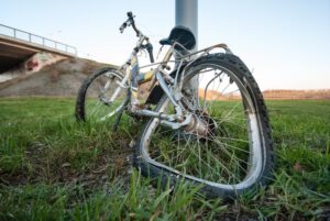 A crashed bicycle. 