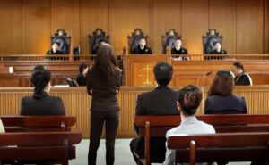 A plaintiff or defendant engages in conversation with the judge in a courtroom, highlighting the concept of legal proceedings. 