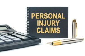 On a white background, a calculator, pen, and black notebook are arranged, featuring the inscription "PERSONAL INJURY CLAIMS."