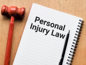 A top view of a notebook displays the phrase "PERSONAL INJURY LAW," accompanied by a pen and a gavel, symbolizing legal themes and concepts related to personal injury cases.