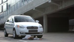 An unconscious pedestrian lies beneath a white car, illustrating the consequences of road negligence and violations of city traffic rules.