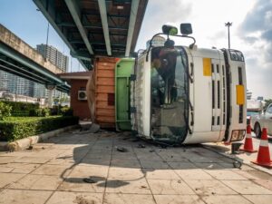 An overturned truck carrying a container on a road beneath a bridge, blocking an intersection.