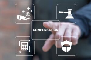 Man using a virtual screen and pressing the word 'COMPENSATION', with concepts related to injury, insurance, legal advice, disability, workplace accidents, trauma, and attorney services.