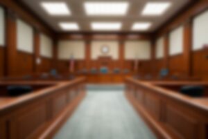 Empty courtroom with a blurred background, showing the judge's bench and rows of chairs.