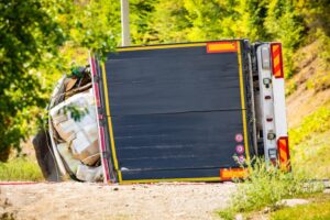 Large cargo truck turned over on road traffic accident at day