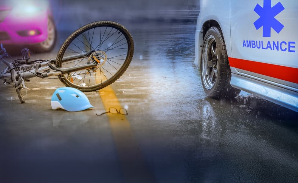 Accident Drunk Driving Car and Bicycle Collision in Rainy Weather at night time.