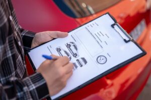 Insurance agent writing notes on clipboard, assessing damage on red car after traffic accident