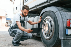 Inspector with a notepad checking a commercial truck during service, representing maintenance records and evidence preservation.