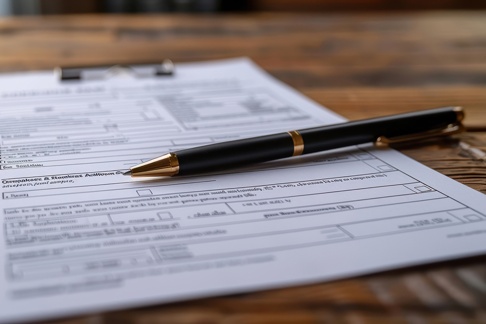 Pen resting on an insurance form, representing filing a car accident claim.